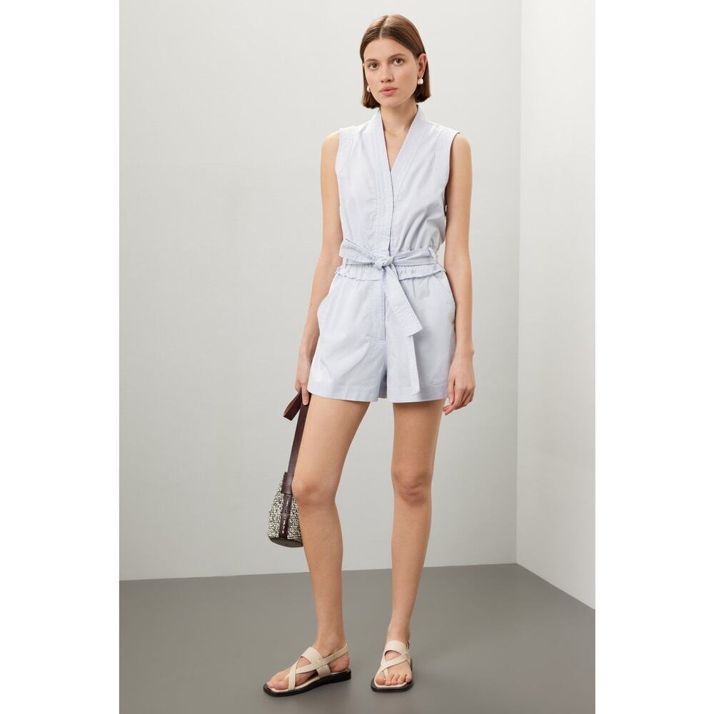 DEREK LAM x RTR Blue Light Cotton Sleeveless Tie Waist Romper Size 36